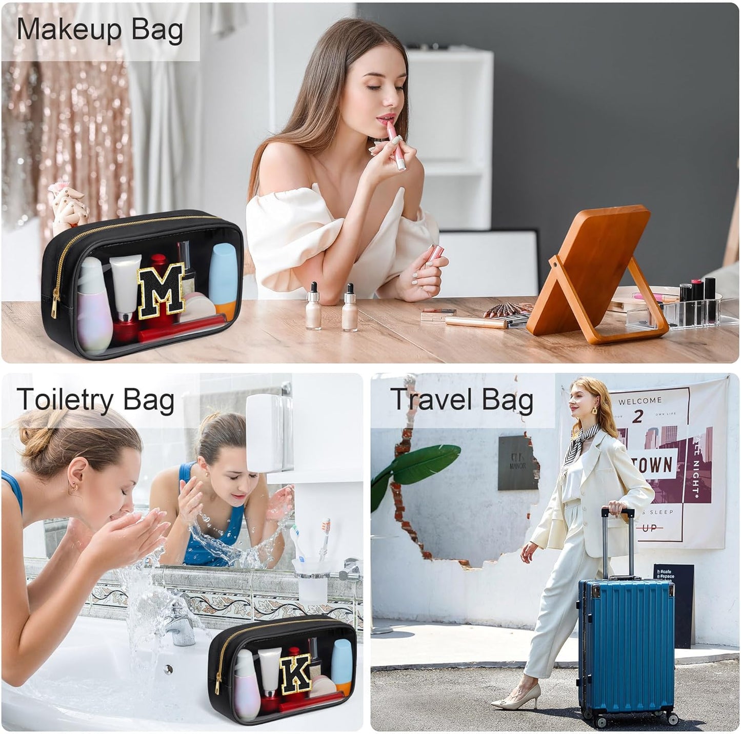 YOOLIFE Travel Toiletry Bag for Women, Black Clear Makeup Bag Cute Make Up Bag for Women Cosmetic Bags Skin Care Makeup Bag Organizer Birthday Gifts for Women Teacher Mother Girlfriend Initial T