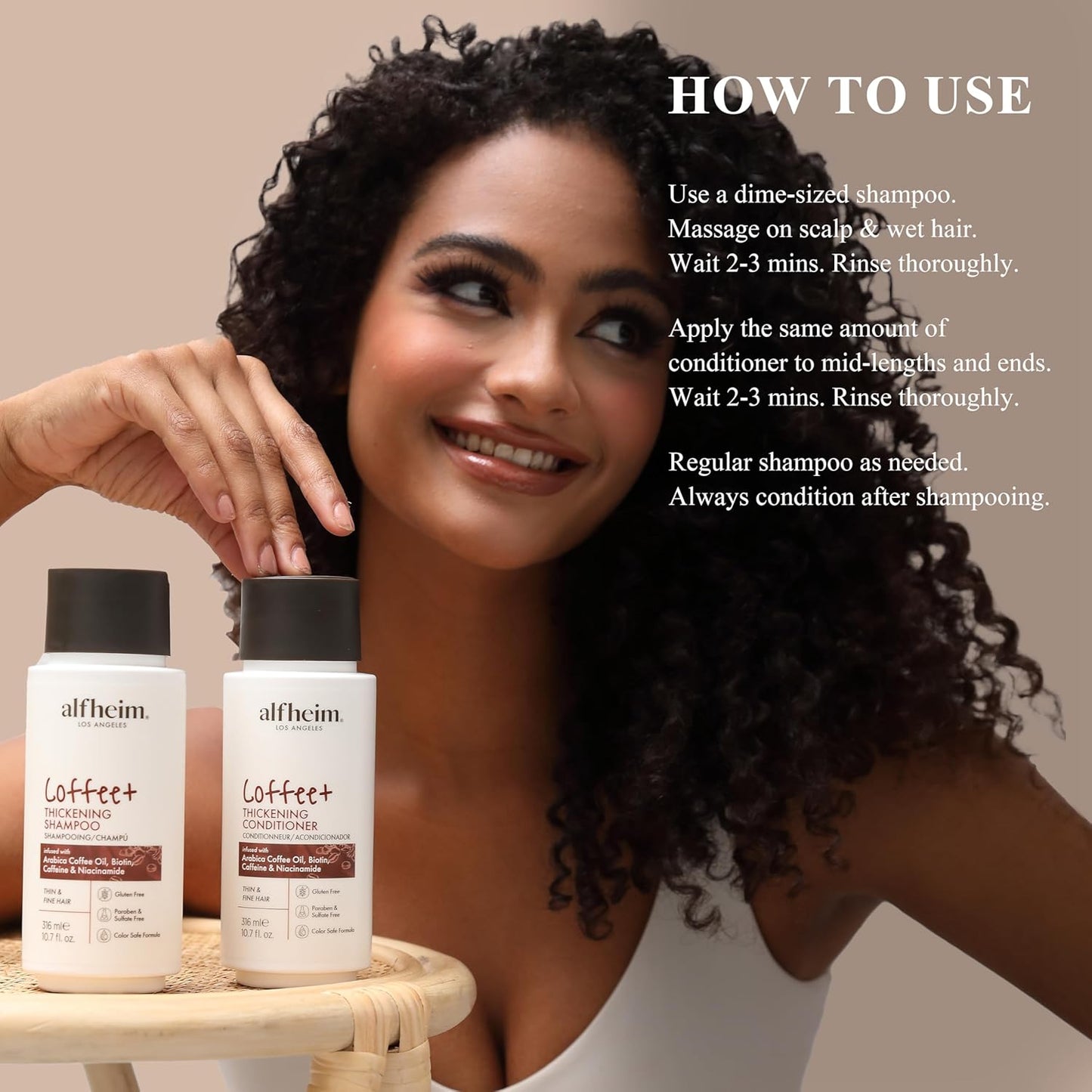 ALFHEIM Coffee+ Thickening Shampoo & Conditioner Set for Fine & Thinning Hair with Caffeine, Biotin & Arabica Coffee Oil – Strengthens, Nourishes & Boosts Volume – Sulfate-Free – Travel Size 10.7 oz