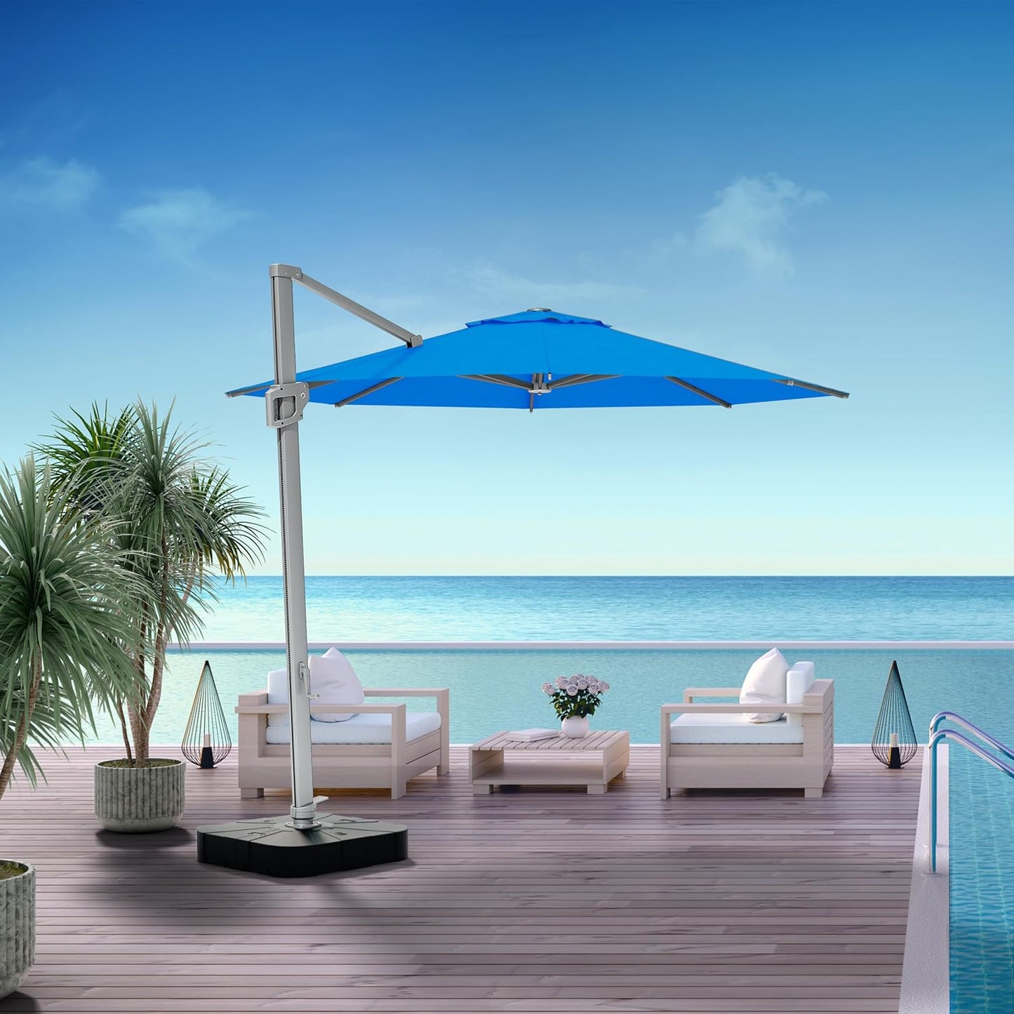 Midtown Umbrellas 10 Ft Outdoor Cantilever Patio Umbrella w/Terylast Cobalt Blue Fabric - Rotate 360° Offset Patio Umbrella, Deck Patio Umbrella, Backyard Umbrella & Garden Umbrella - Silver Frame