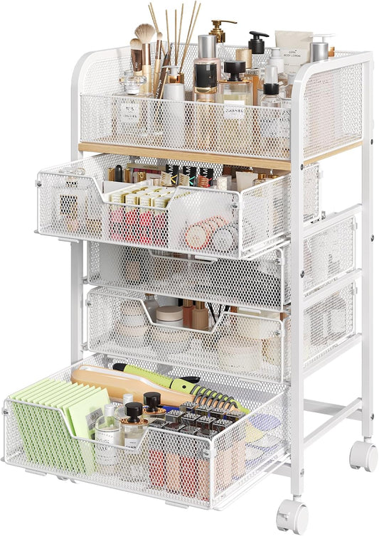 Makeup Cart Organizer with 4 Drawers, Large Floor Skincare Organizers, Vanity Storage Organizer Cosmetics Display Cases for Skin Care Perfume Nail Polish, White (Patent Pending)
