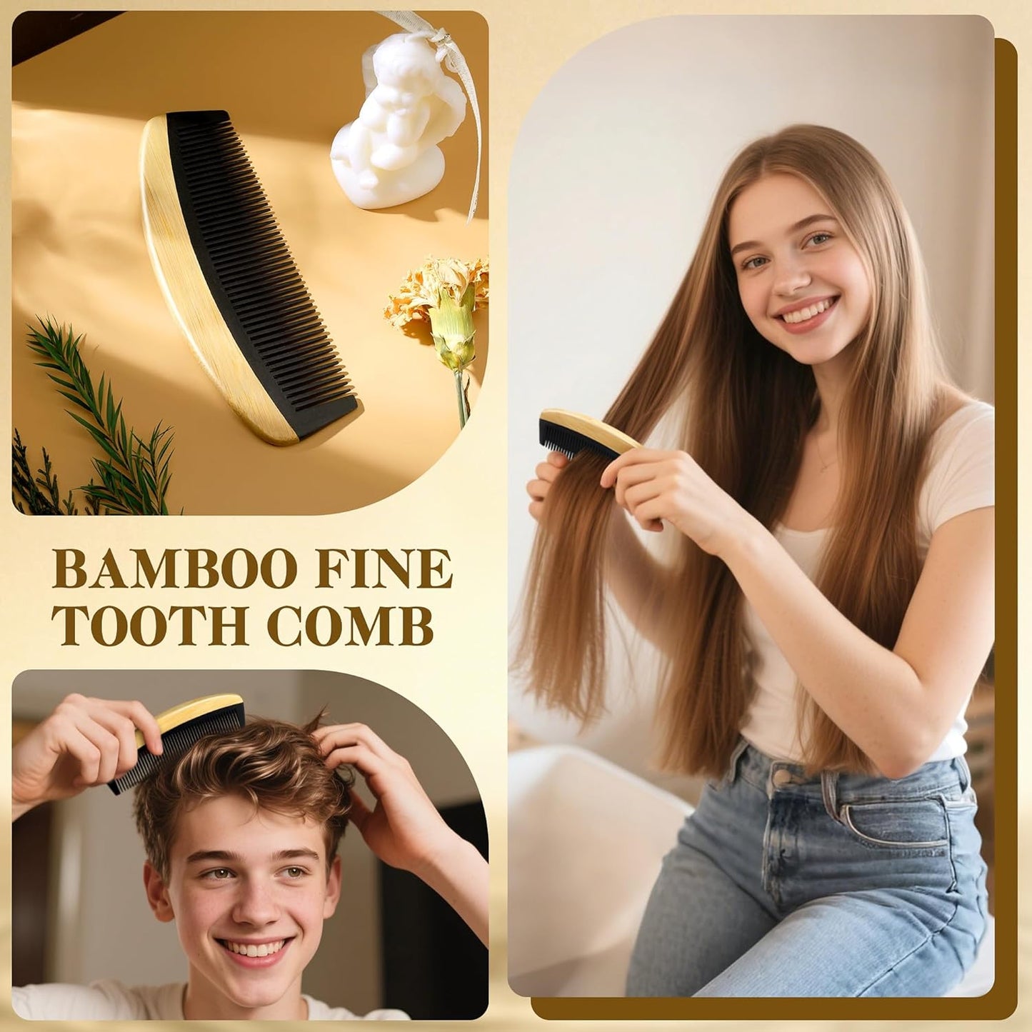 BFWood Bamboo Hair Brush and Comb, Wooden Hair Comb Set for Women Girls Men, Wood Curly Detangling Hair Paddle Brushes, Wide Tooth Fine Tooth Travel