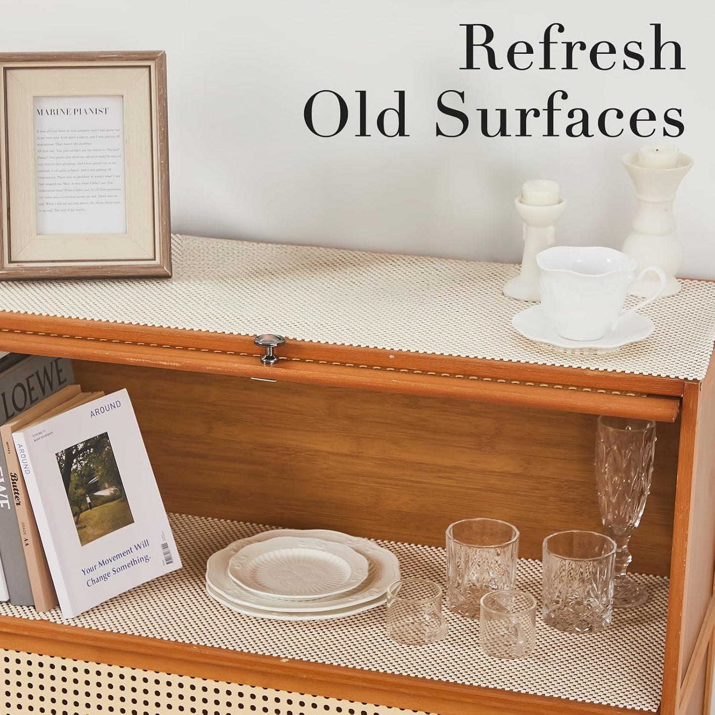 Beautysaid Shelf and Drawer Liner for Kitchen Cabinet, Non Adhesive Non Slip Shelf Paper Thickened for Dresser Pantry Shelve Bathroom Protector Liner Breathable Mat(Cream White Weave,12 in x 10 FT)