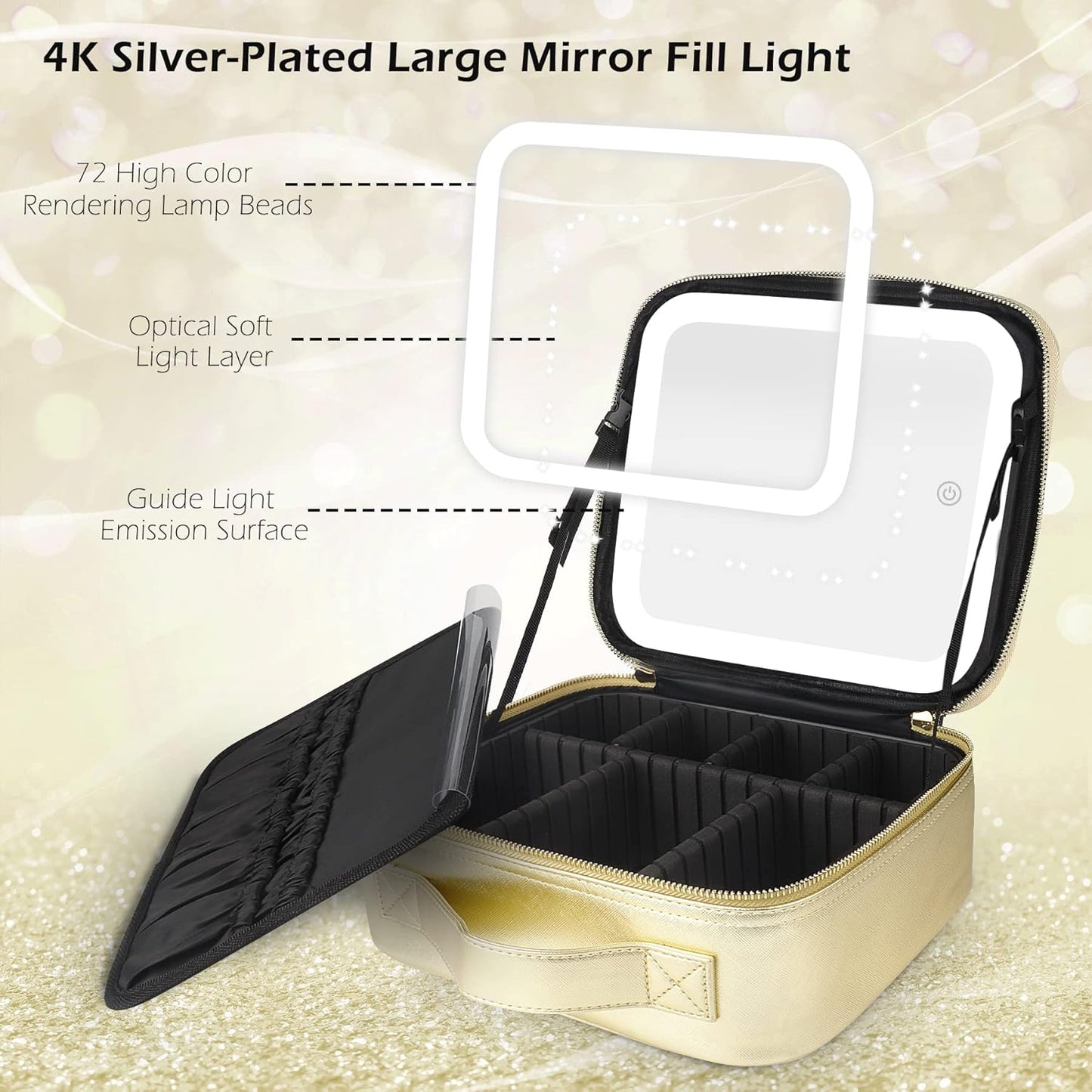 MOMIRA Travel Makeup Bag Cosmetic Bag Makeup Organizer Bag with Lighted Mirror, Adjustable Brightness in 3 Color Scenarios, Waterproof Makeup Train Case, Gift for Women - Golden
