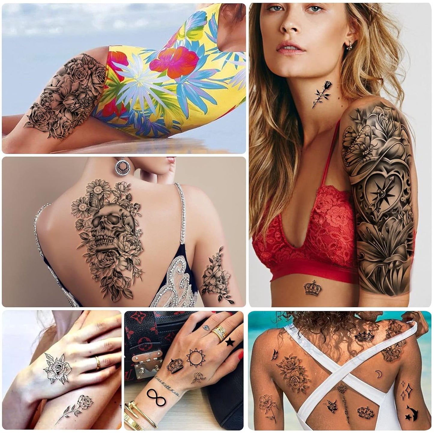 Yazhiji 49 sheets Large Flowers Butterfies Crown Waterproof Temporary Tattoos for Women and Girls,Fake Tattoos for Kids or Adults Body Make Up Tattoo