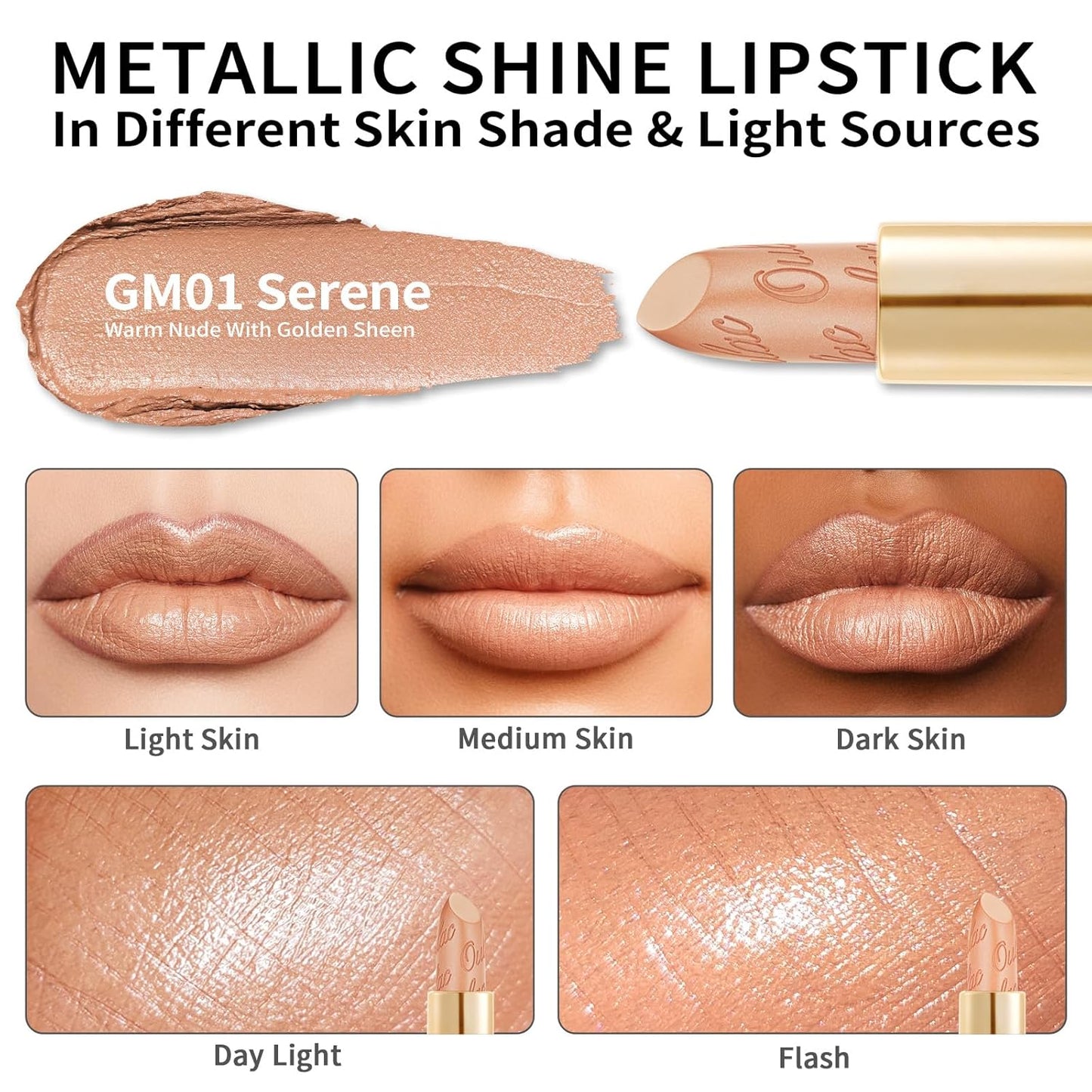 Oulac Matte Nude Lipstick with Glow Metallic Finish - Vegan Lipstick for Women, Creamy Texture, Hydrating Clean Beauty Formula, High-End Magnetic Hook Design, GM01 Serene