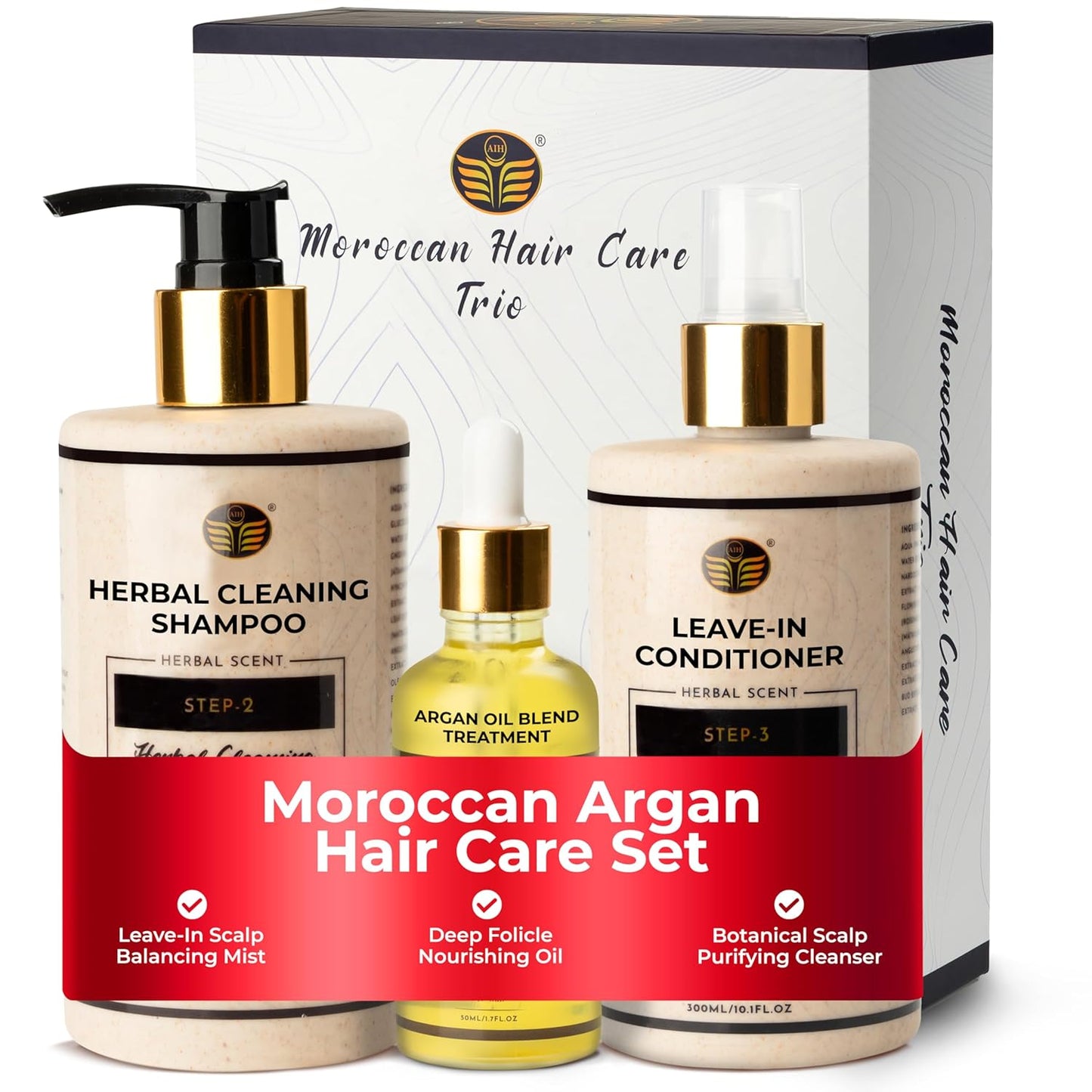 Moroccan Oil Hair Care Trio – Premium 3-Step Argan Oil Hair Treatment Kit for Scalp & Follicle Health – Herbal Shampoo, Leave-In Rinse & 30+ Botanicals – Sulfate-Free, Dermatologist Approved