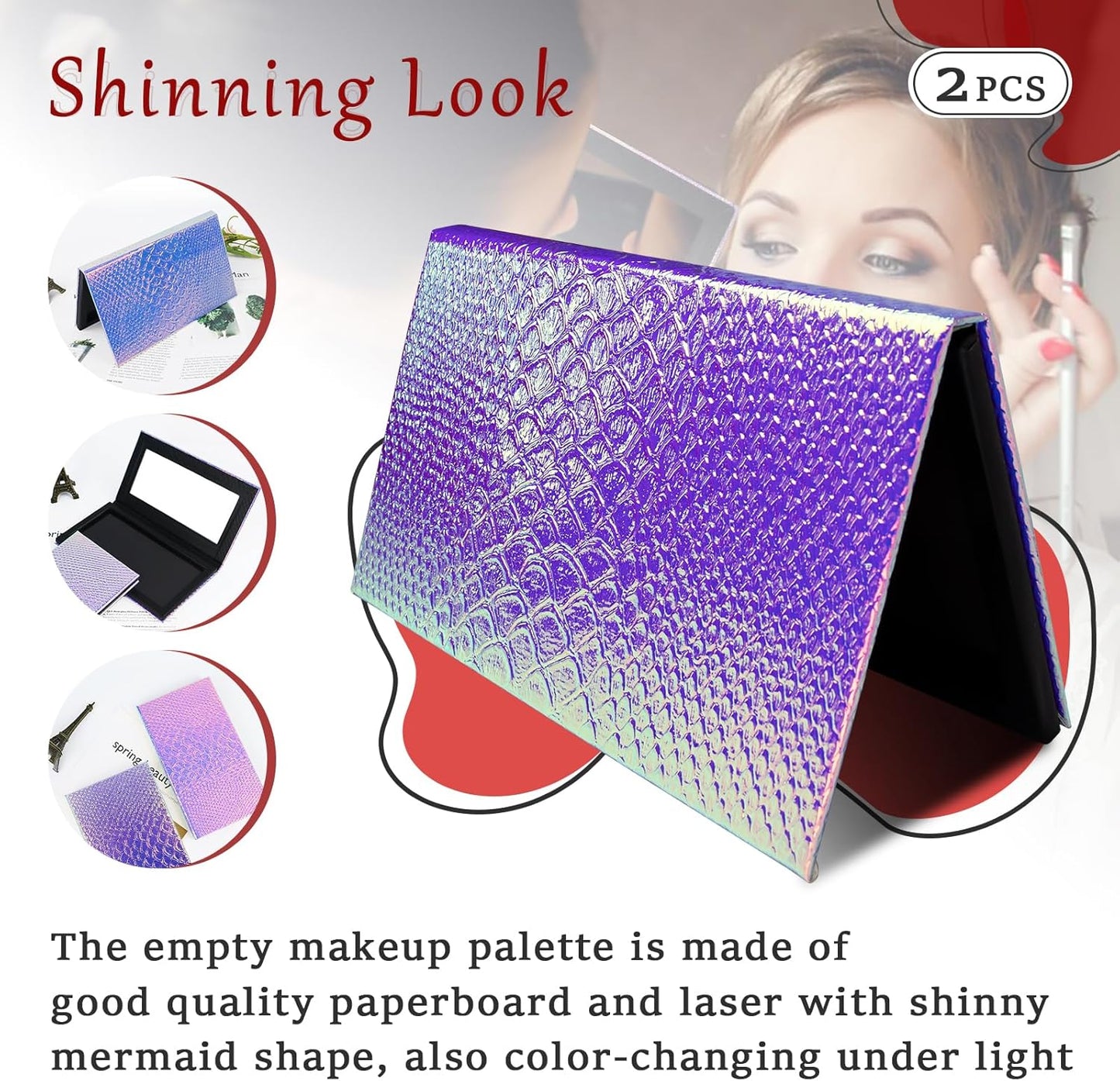 2 Packs Magnetic Makeup Palette Empty - Large Mermaid Palette with Mirror - Magnetic Palette for Storage & Travel