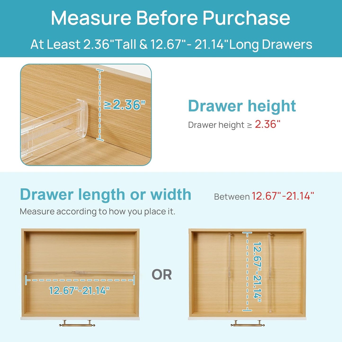 Vtopmart 8 Pack Shallow Drawer Dividers, 2.36" High 12.67"-21.14" Adjustable Expandable Kitchen Drawer Organizer, Clear Plastic Organizer Separators for Flatware, Utensil, Cutlery, Underwear, Clothes