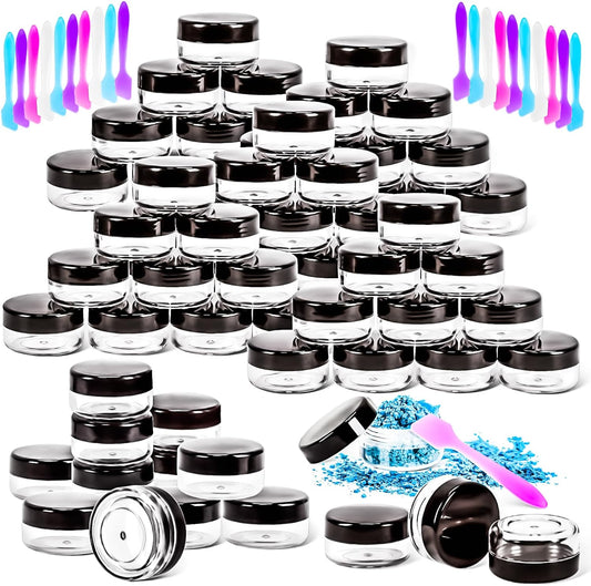 MotBach 50PCS 10g Empty Sample Containers with Black Lids,Refillable Makeup Sample Containers, Small Sample Pot Jars Travel Makeup Containers with Mini Spatulas for Liquid Powder Creams Lotions
