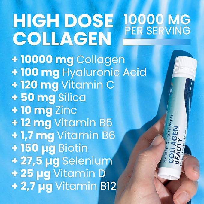 Swedish Nutra - Collagen Beauty | 10,000 mg Hydrolyzed Marine Collagen Liquid Supplement - 60 x 25 ml Daily Shots | Hyaluronic Acid and Vitamin C to Support Healthy Hair, Skin, Nails | Sugar-Free