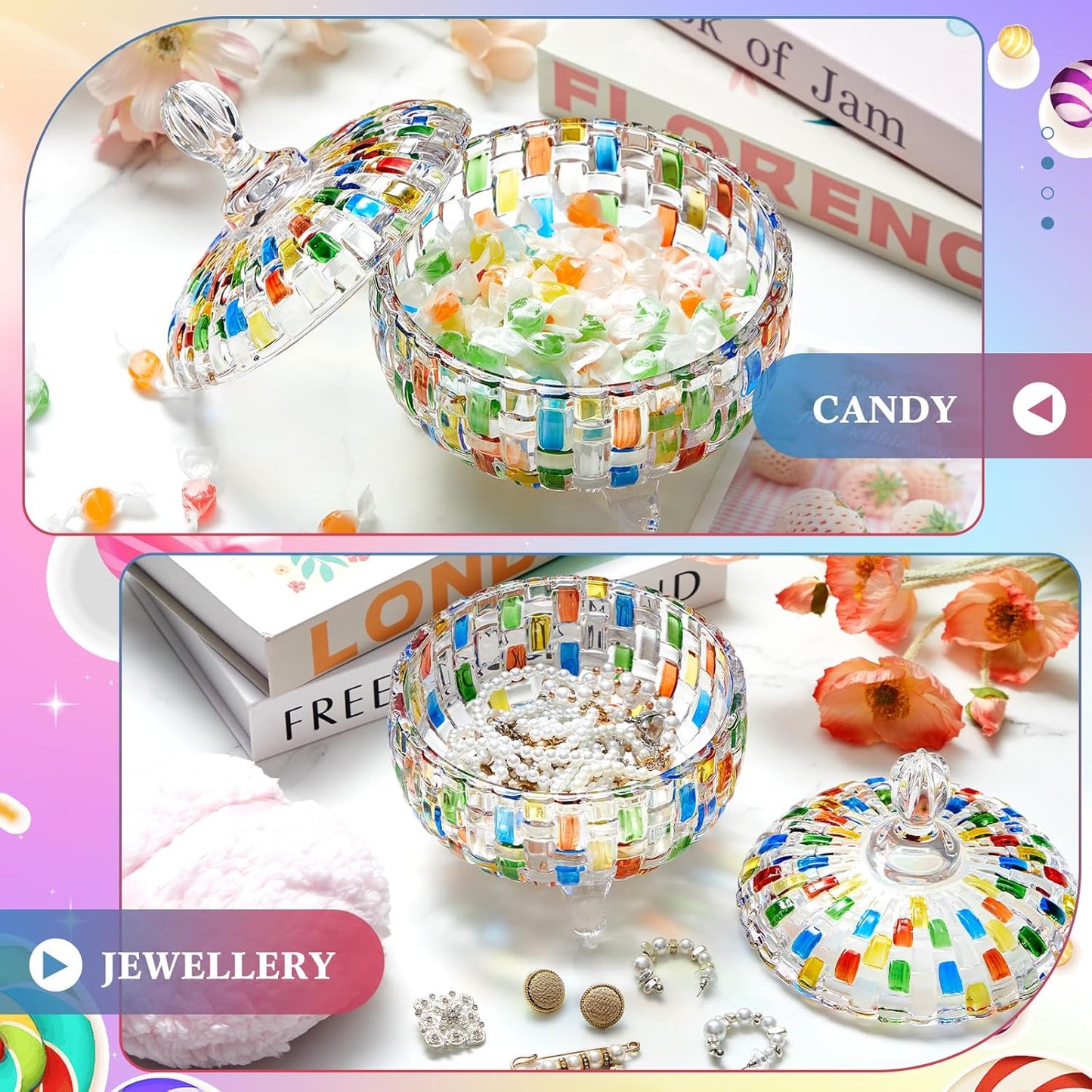 Tioncy 2 Pcs Extra Large Dusting Powder Puff and Container 6'' Body Powder Puff and Crystal Container for Women Soft Washable Reusable Velour Face(Multicolor)