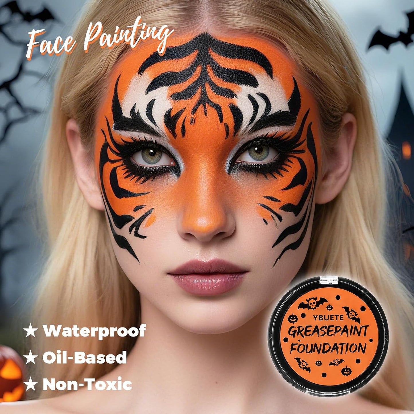 Orange Cream Face Body Painting Foundation, Professional Full-coverage Oil Based Orange Face Paint Halloween SFX Cosplay for Pumpkin Clown Tiger Monster Adult Costume Party & Carnival