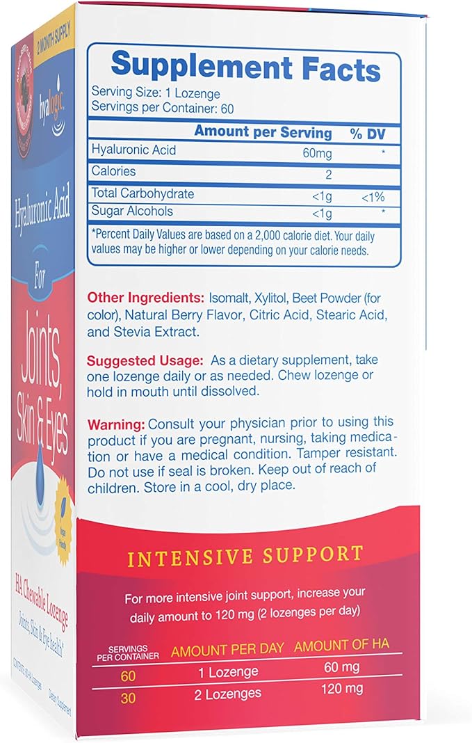 Hyalogic Hyaluronic Acid Chewables 60 Count - Great Tasting Berry Flavored (120mg per 2 Tablets) - Defy Aging Naturally - Sugar Free HA Supplement for Skincare & Eye Health