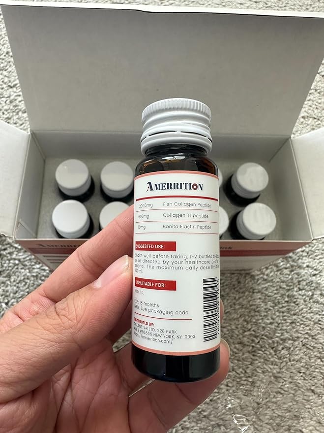 Liquid Collagen Peptide Drink - 12000mg Hydrolyzed Marine Collagen Peptides with Collagen Tripeptide, Supports Healthy Hair Skin Nails Joints and Bones (1 Box, 10 Bottles)