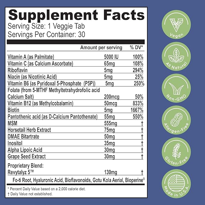 Biotin (Biotina Vitaminas) - Hair Skin Nails Vitamins for Women & Men - 5000 mcg - Hair Growth Support Supplements - 30 Tablets - with Revytalyz 5, Vitamin A, C, B12 - Made in USA