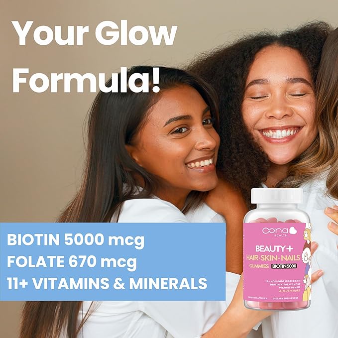 Beauty+ Hair Nails and Skin Vitamins - Biotin Gummies 5,000 Mcg - Folate - Vitamin B Complex B5, B6, B12 - Biotin Vitamins - Faster Hair Growth Gummies, Stronger Nails, Healthy Skin Care