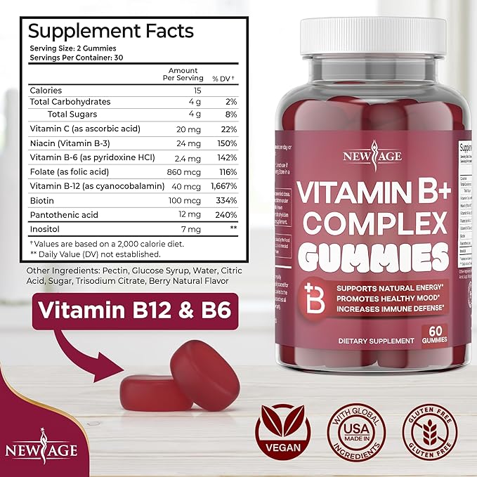 NEW AGE Vitamin B Complex Gummies with Vitamin B3, B5, B6, B7, B9 & B12 – with Biotin, Folic Acid & Vitamin C – Gluten-Free, Vegan, Made in The USA! (60 Count (Pack of 1))
