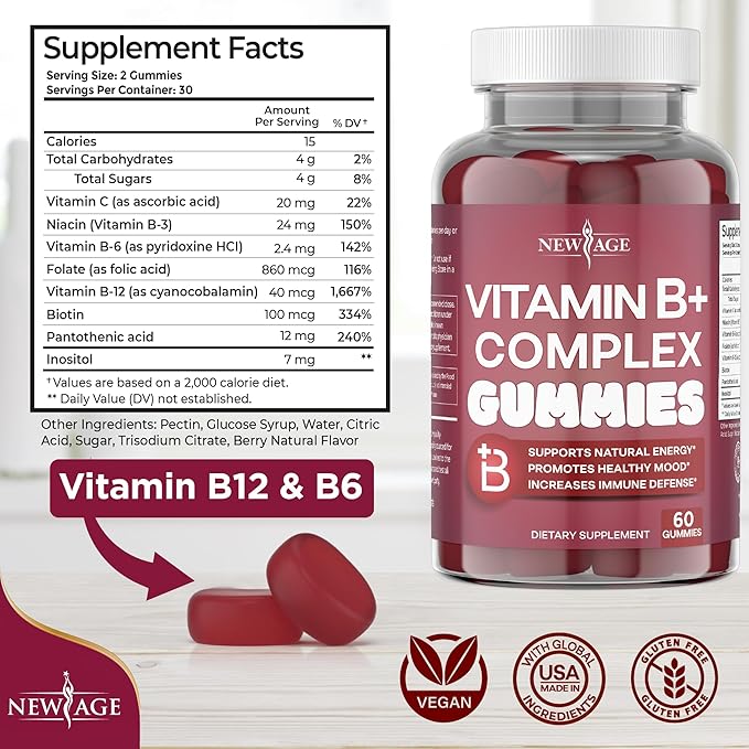 NEW AGE Vitamin B Complex Gummies with Vitamin B3, B6 & B12 – with Biotin, Folic Acid & Vitamin C – Gluten-Free, Vegan, Made in The USA! (180 Count (Pack of 3))