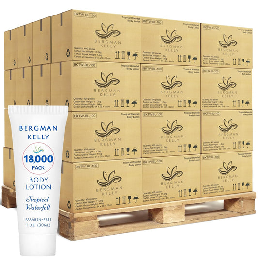 BERGMAN KELLY - Travel Size Lotion - 1 fl oz, 18000 PK, Tropical Waterfall - Delight Your Guests w/Invigorating & Refreshing Body Lotion - Quality Mini & Small Size Guest Hotel Toiletries in Bulk