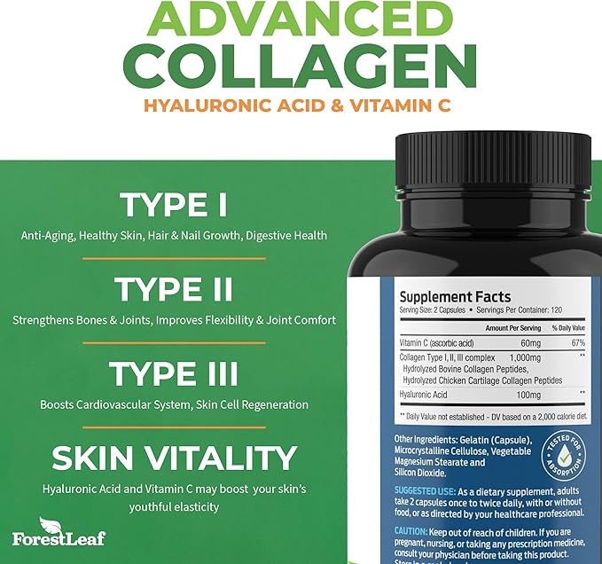 ForestLeaf Multi Collagen Pills - Collagen Men & Collagen Women - Hydrolyzed Collagen Supplements with Vitamin C & Hyaluronic Acid - Collagen Capsules for Hair, Skin & Nails (240 Peptide Capsules)