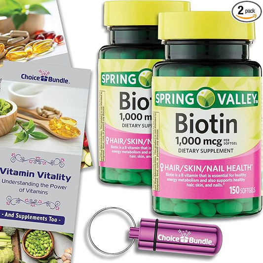 Spring Valley Biotin Softgels 1000mcg Dietary Supplement for Hair Skin Nail Health 150 Ct 2 pk (300 Total) + Vitamin Guide & Pill Container (4 Items)!