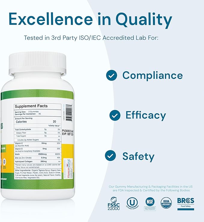 Collagen Gummies with Biotin, Zinc, Vitamins C & E for Hair Skin and Nails Support, 90ct