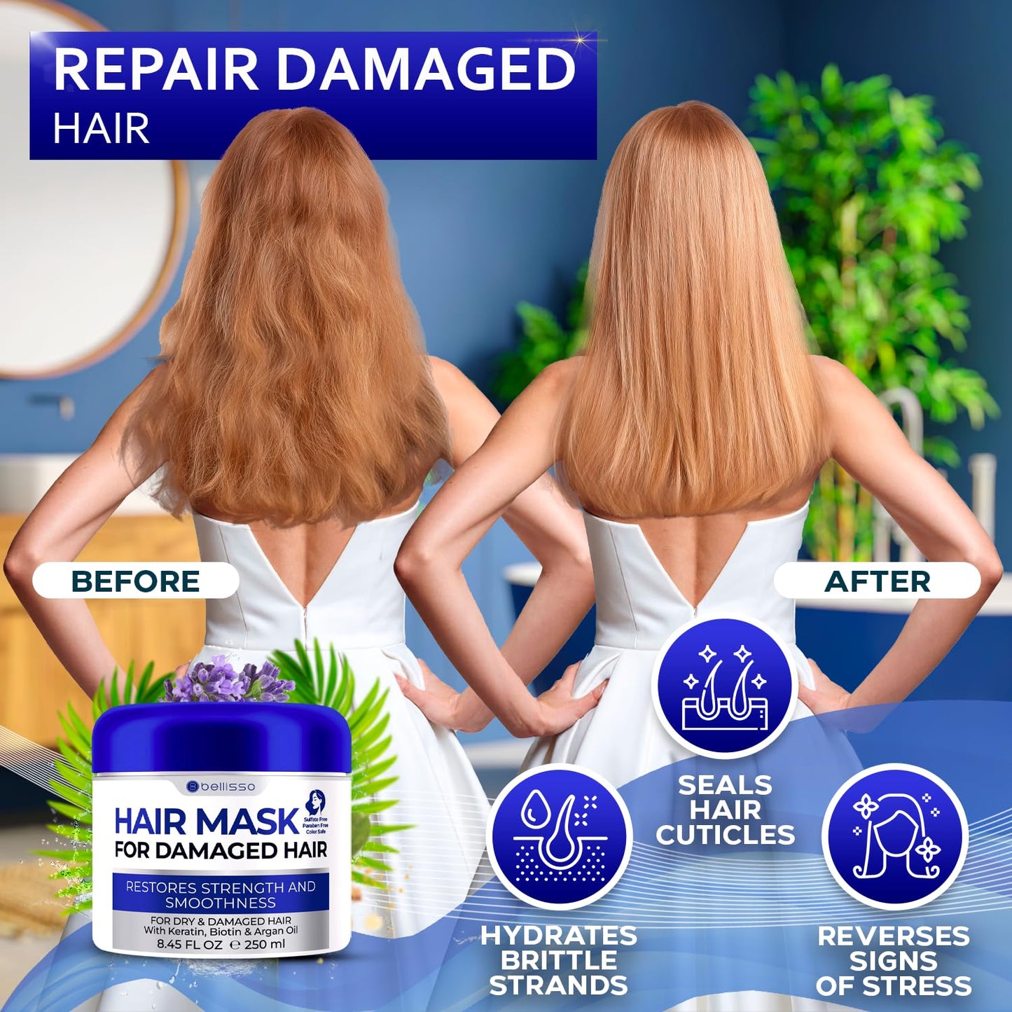 BELLISSO Hair Mask for Damaged Hair - Deep Conditioning and Moisturizing Repair Treatment for Dry Split Ends and Breakage - Hydrating Moisturizer Products for Women and Men - 8.45 Fl Oz