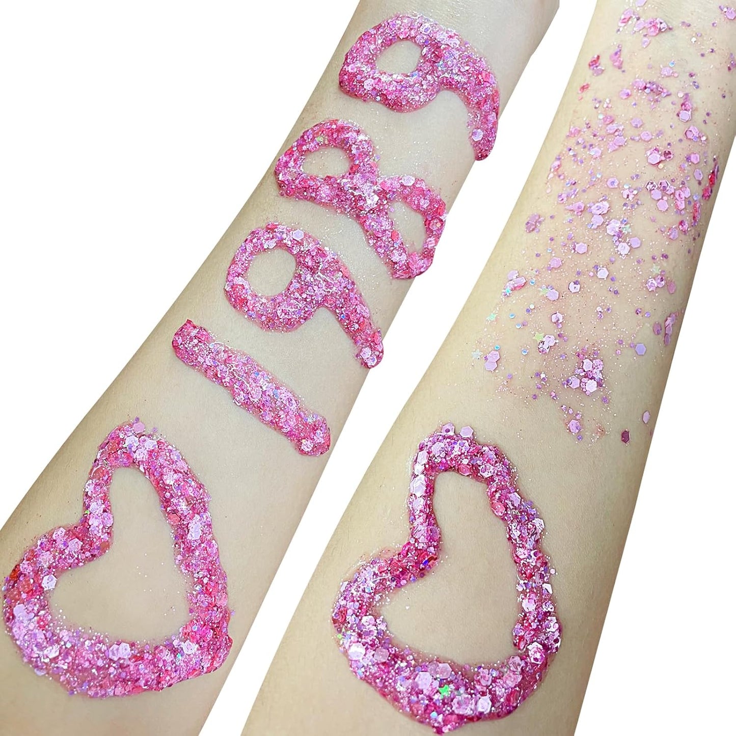 MEICOLY Pink Face Glitter,Pink Out Accessories for Spirit Week,Sparkle Hair Glitter Face Paint,Singer Concerts Lover Heart Glitter Makeup,Body Glitter for Women Kids