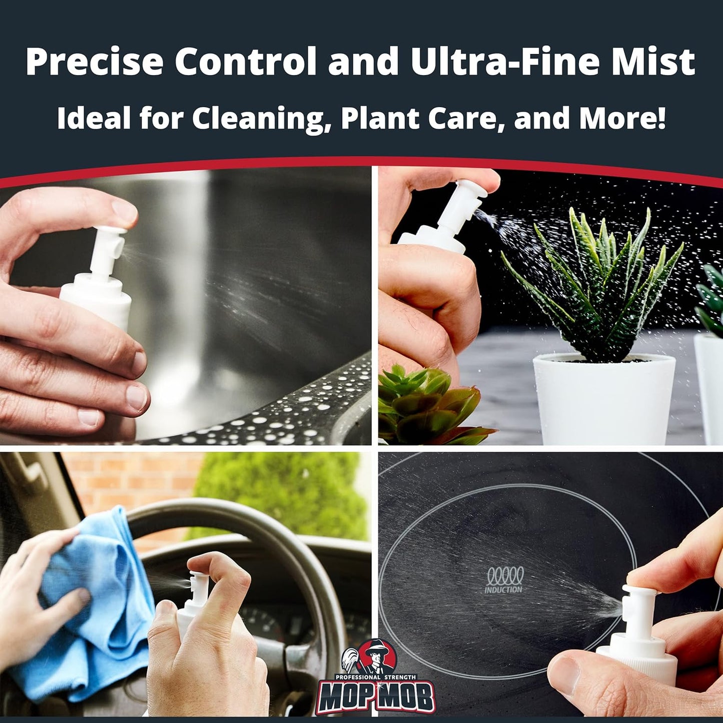 Leak Proof Fine Mist Spray Head 3 Pk. Plunger Sprayer Replacement Cap for Large Bottles, BPA-free 24/410 Thread Fingertip Pump Mister Top with 9.25 in. Tube for Home, Cleaning, Beauty + Hair Care