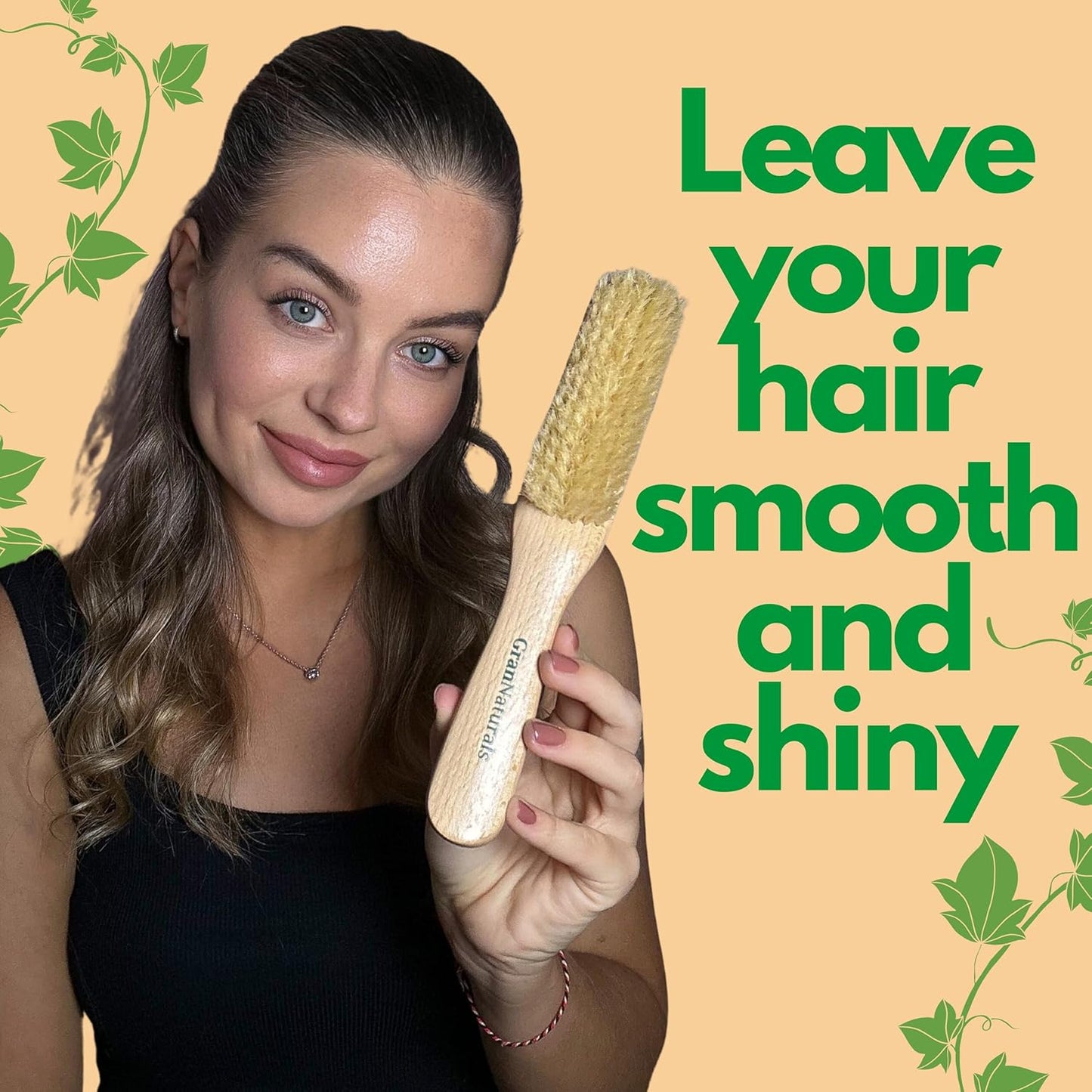 GranNaturals Boar Bristle Slick Back Hair Brush - Soft White Bristle Smoothing Hairbrush for Slicking Hair to Create Sleek Style- Natural Wood Handle for Women + Men