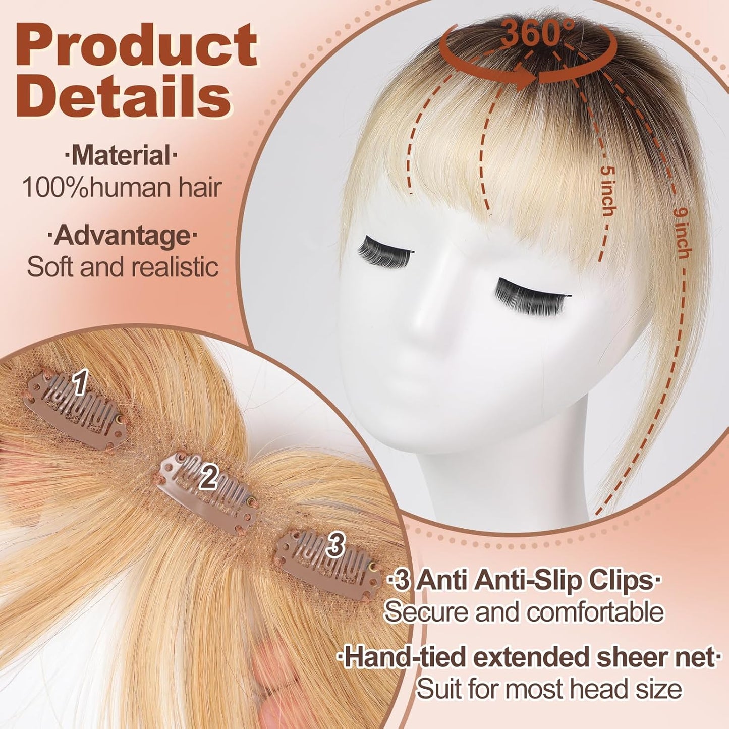 HAIRCUBE Bangs Hair Clip in Bangs 100% Real Human Hair Bangs Clip in Hair Extensions Fake Bangs Air Bangs Hairpieces for woman with Temples 3 Secure Clips in Full Fringe (Ombre Light Blonde)