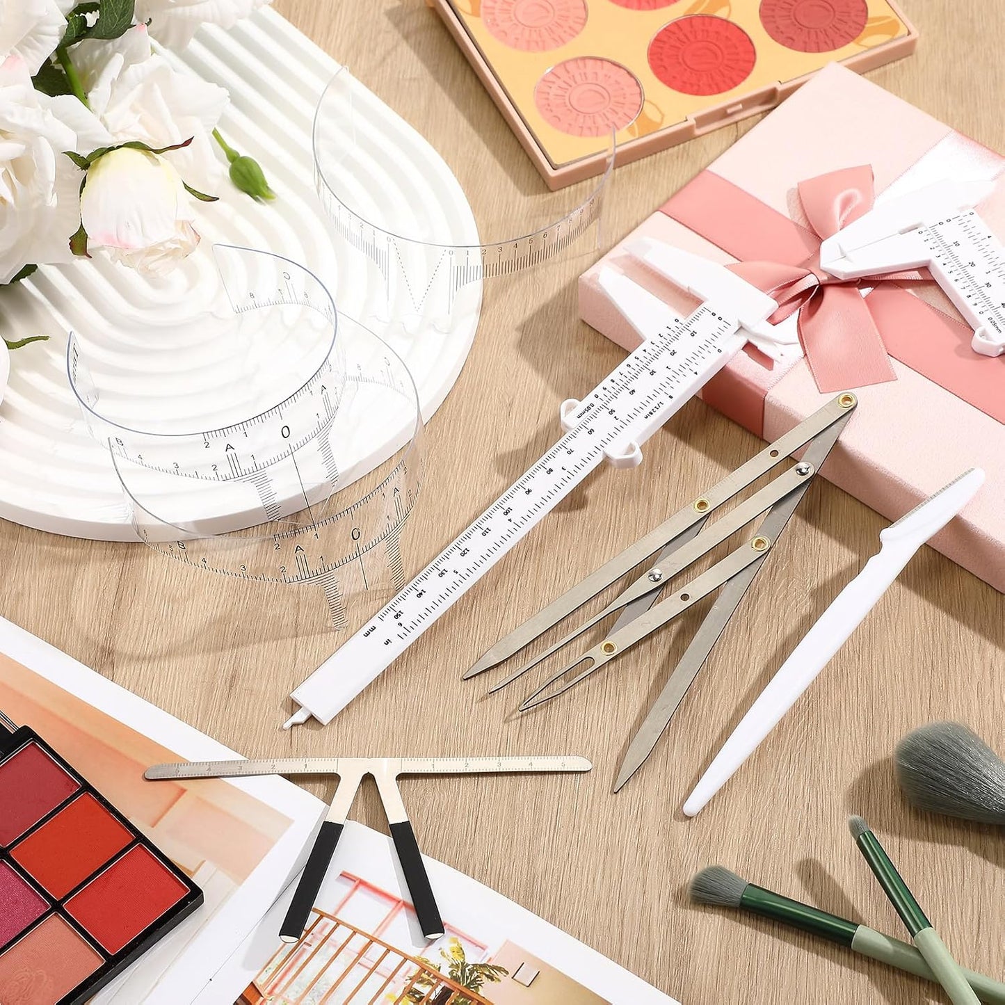 Konohan 11 Pcs Eyebrow Mapping Kit Eyebrow Shaping Tools Eye Brow Measuring Ruler Double Scale Vernier Caliper 3 Point Positioning Ruler Golden Ratio Caliper Brow Trimming Knives(White)