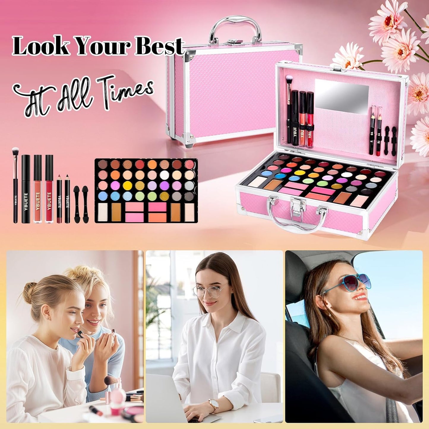 Beginner Makeup Kit for Teen,Makeup Set for Girl Women,Beginner Makeup Kit with Cosmetic Train Case Included 32 Colors Eyeshadow Blush Contour Lip Gloss Lip Liner Mascara Eyeliner Mirror