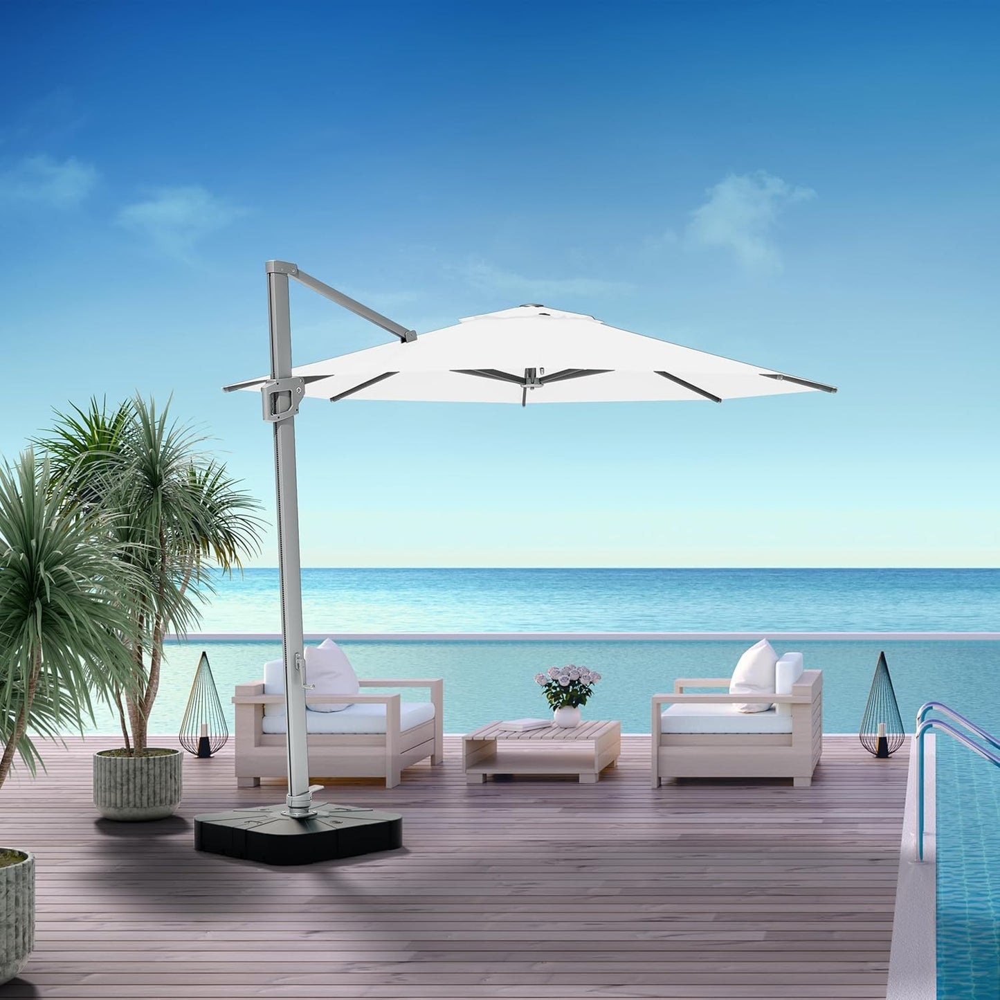 Midtown Umbrellas 10 FT Outdoor Cantilever Patio Umbrella w/Terylast Ivory White Fabric - Rotate Tilt 360° Offset Patio, Deck Patio, Backyard & Garden - Silver Frame