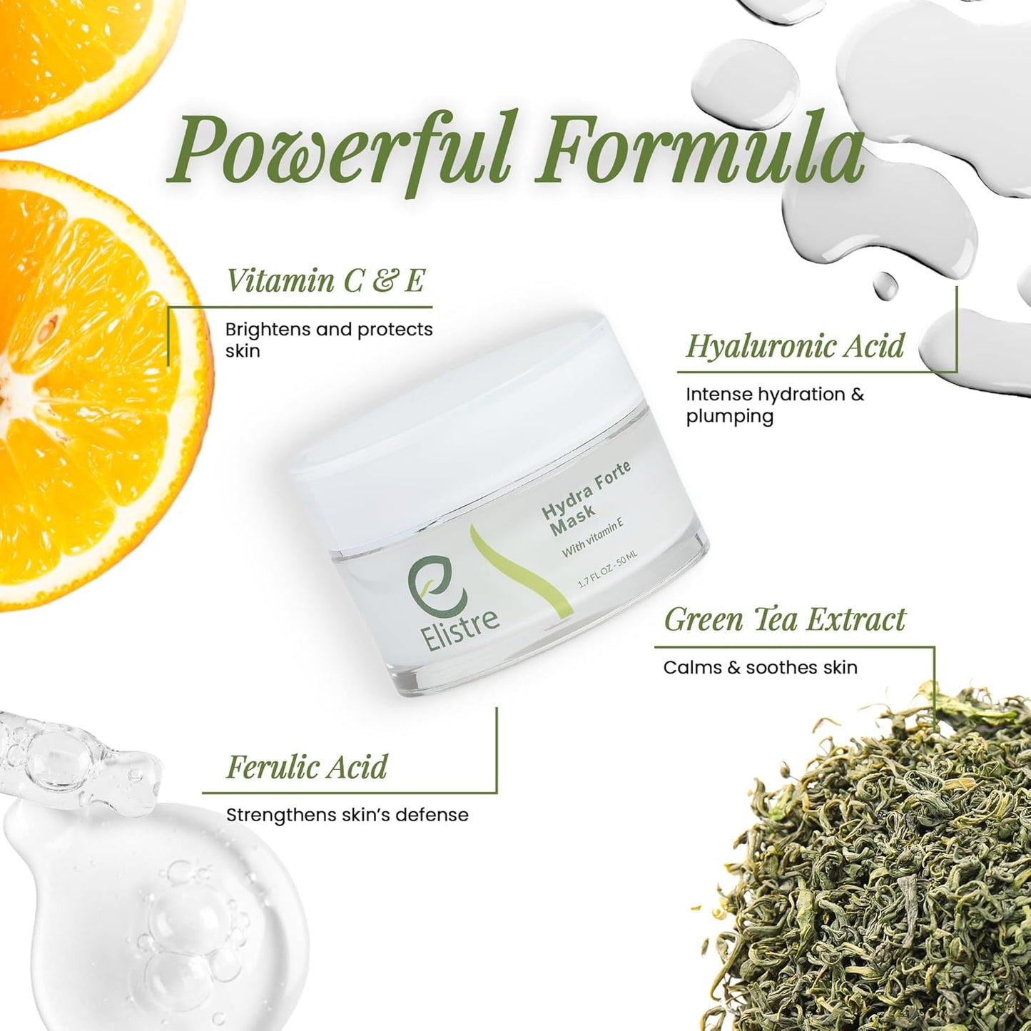 Elistre Hydra Forte Hydrating Face Mask with Ferulic acid, Vitamin E & C, For All Skin types