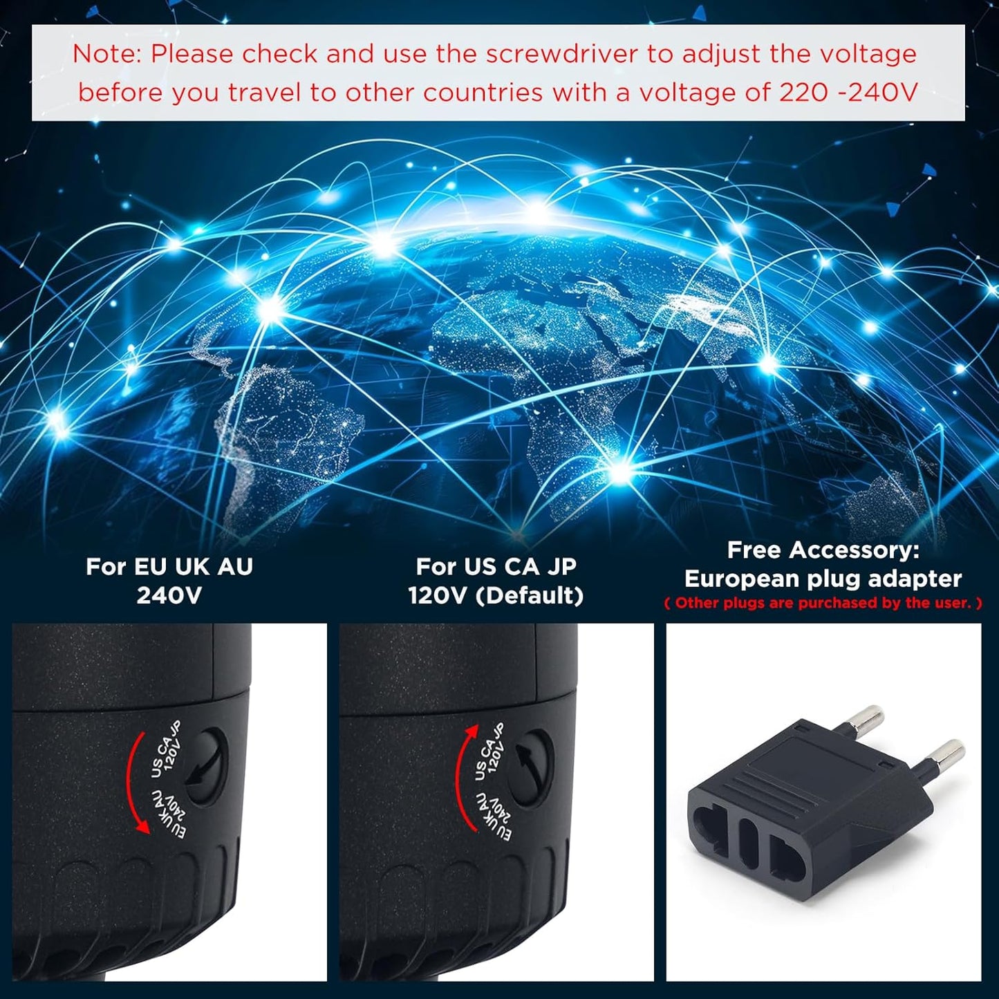 Aima Beauty 4 in 1 Worldwide Travel Hot Air Brush Dual Voltage Blowout Brush Oval Shape 110-120V/220-240V Straightener Blow Dryer Brush Negative Ionic Lock Moisture Gift 360° Swivel Cord Black