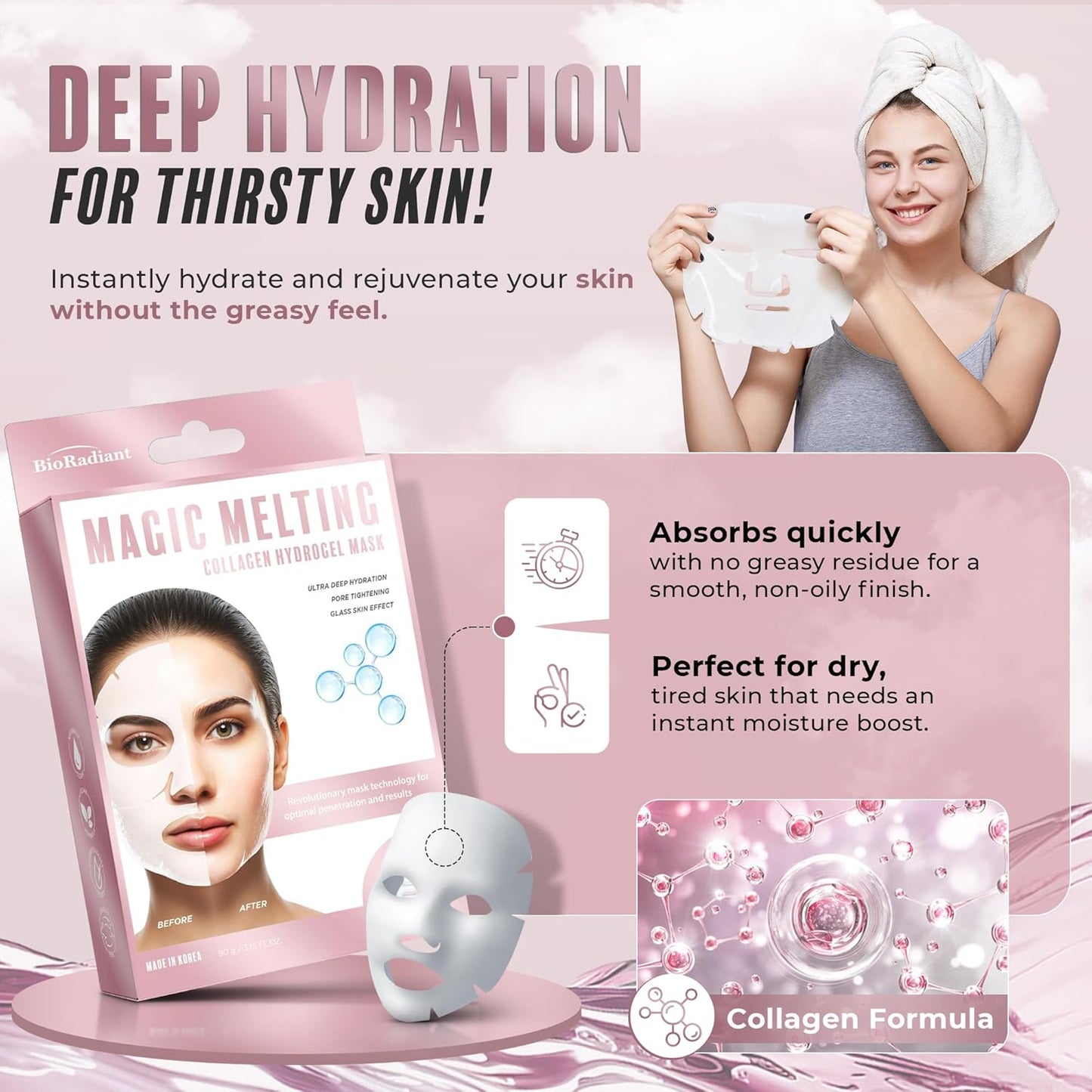 Hydrogel Collagen Face Mask – Firming & Hydrating Overnight Sheet For Dry Skin & Fine Lines – Dermatologist Tested, Anti-Aging, Korean Skin Care, Clean Beauty, Non-GMO – Pack of 6