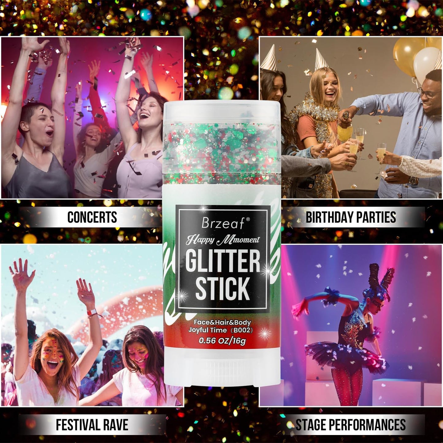 Brzeaf Waterproof Face and Body Glitter Stick, Shimmery& Long Lasting, Christmas Hair Eyeshadow Face Body Glitter, Singer Concert Rave Festival, Glitter Stick Makeup & Face Glitter Gel