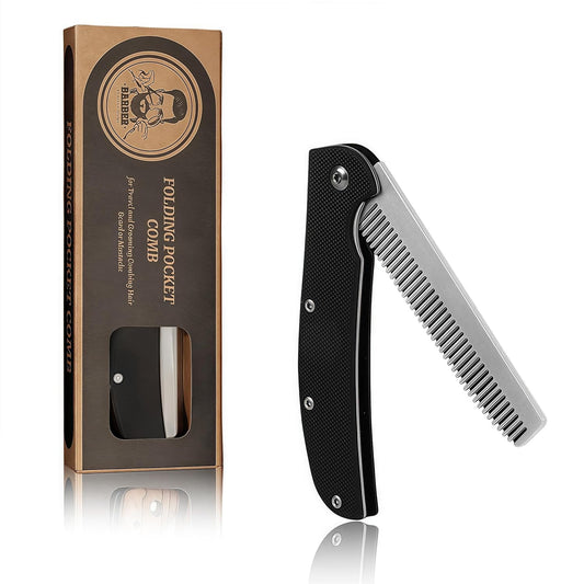 Folding Pocket Comb for Men - Stainless Steel Travel Hair & Beard Styling Tool, Compact 180° Rotating Design, Smooth Rounded Teeth, Portable Grooming Comb