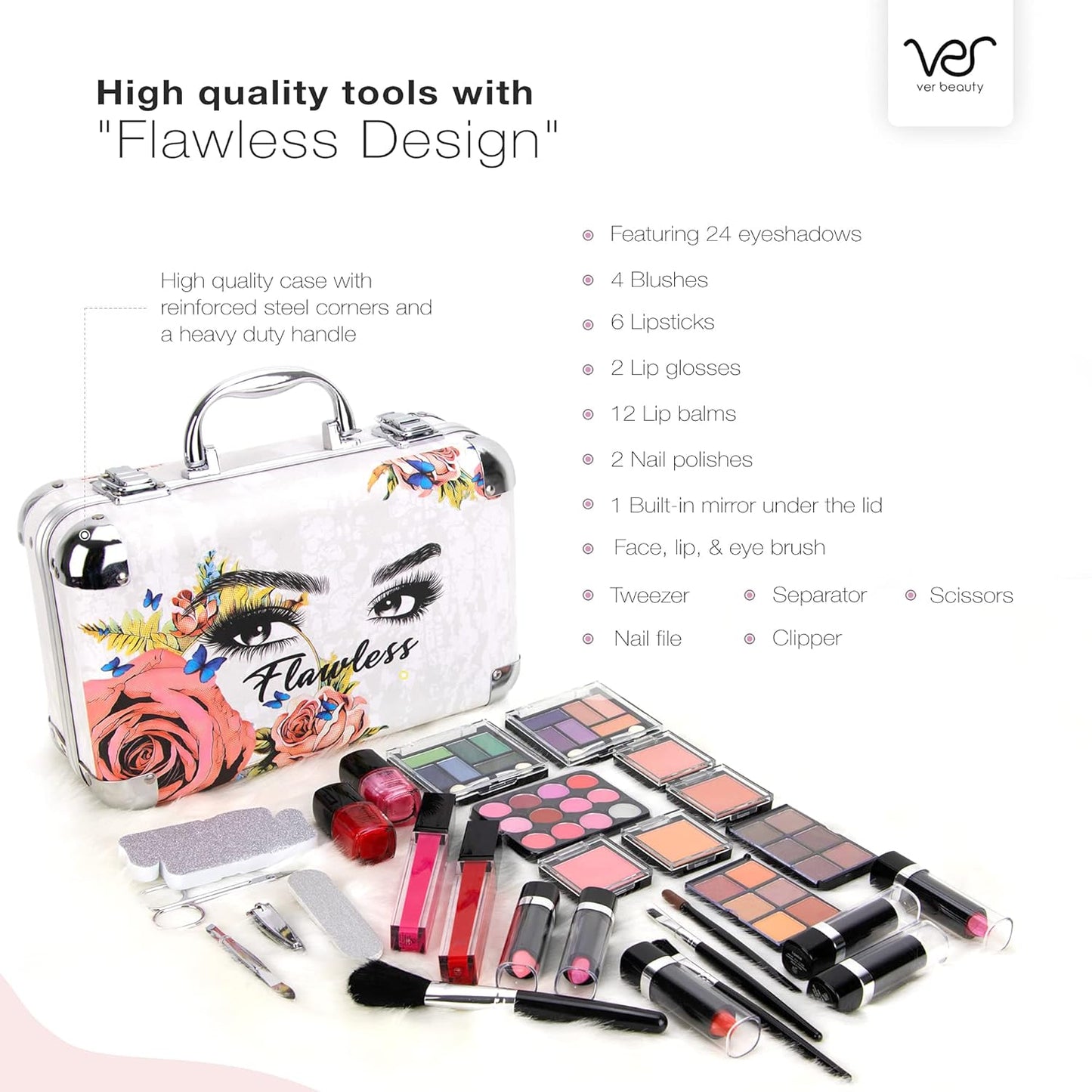 Ver Beauty Makeup Box with Travel Mirror - Professional Makeup Case w/ 2 Trays - Perfect Cosmetic Organizer Gift Set