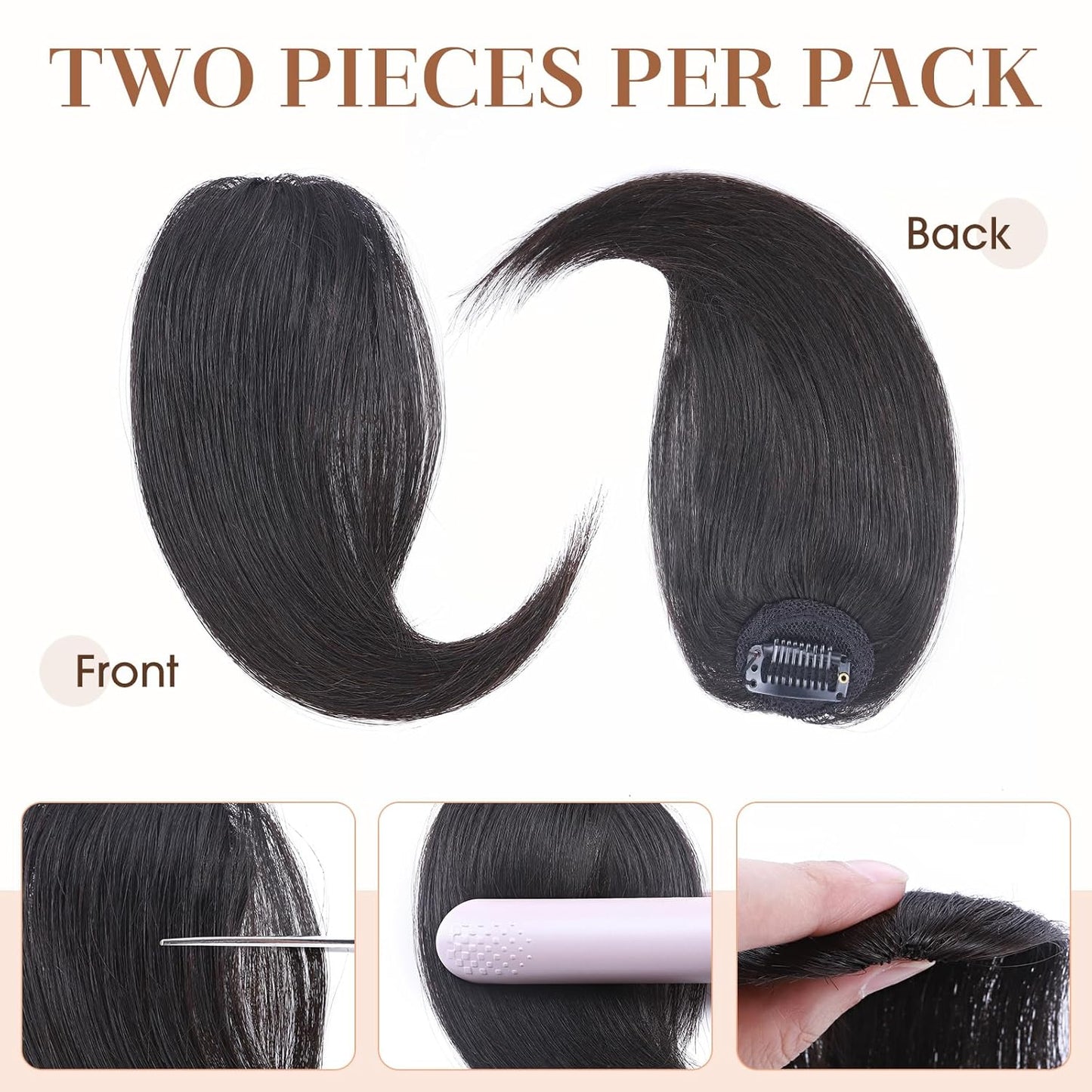 Hairro Clip in Wave Side Bangs Extensions, 100% Human Hair 2 PCS Clip on Middle Part French Bangs Thin Sides Swept Fringe Hairpieces