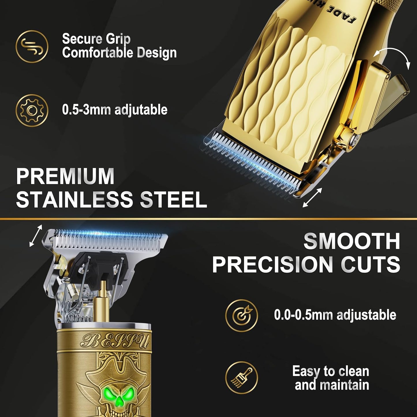FADEKING® Professional Hair Clippers & Beard Trimmer Set for Men – Cordless Barber Clippers with LCD Display, Precision Trimmer & Travel Case – Gifts for Men Husband Father (Gold + Bronze)
