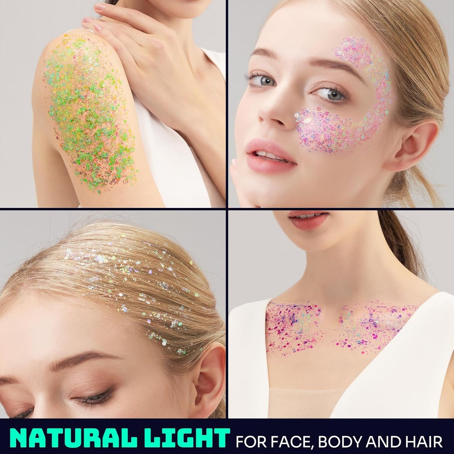 Teenitor 6 Colors Body Glitter Face Glitter, Glow in The Dark Glitter Gel, Glow in The Dark Face Paint for UV Black Light Concerts Party Rave Accessories