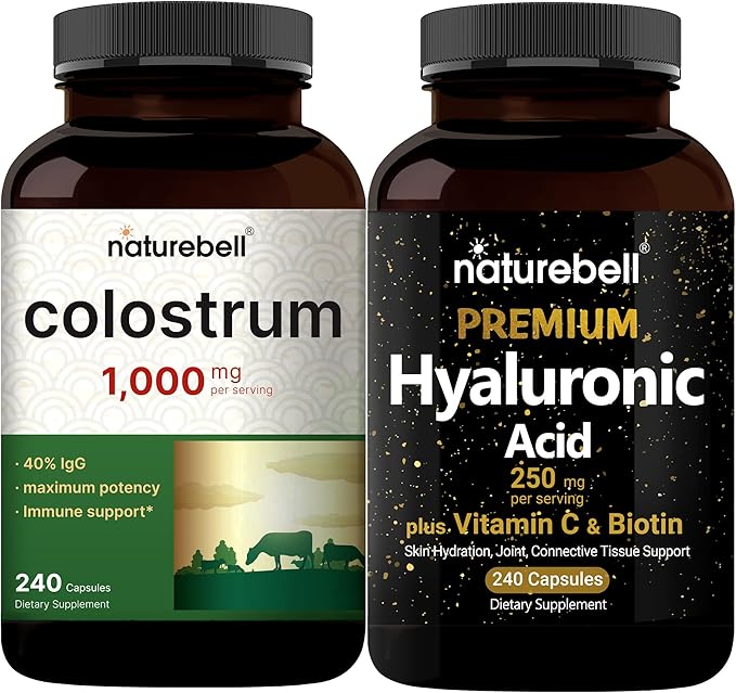 NatureBell Hyaluronic Acid Capsules with Biotin + Vitamin C & Colostrum 1,000mg Per Serving, 240 Capsules Bundle Pack | Complete Beauty Care Complex | Mother’s First Milk from Grass Fed Bovine