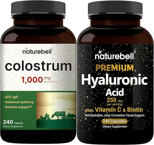 NatureBell Hyaluronic Acid Capsules with Biotin + Vitamin C & Colostrum 1,000mg Per Serving, 240 Capsules Bundle Pack | Complete Beauty Care Complex | Mother’s First Milk from Grass Fed Bovine