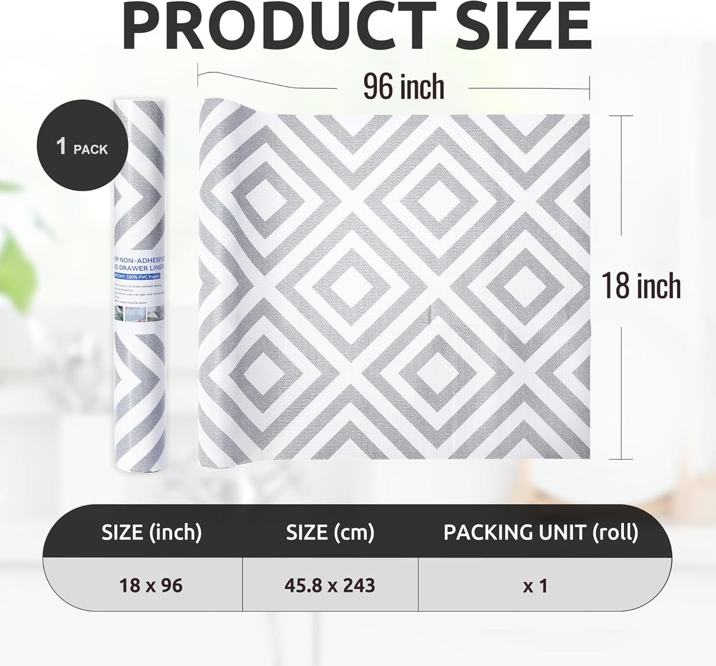 RAY STAR 18X96 Inch Shelf Liner for Kitchen Cabinets, Non-Adhesive Cabinet Liner Washable, PVC Drawer Liner for Dresser Non-Slip Bathroom (Modern Grey)(1 Roll)