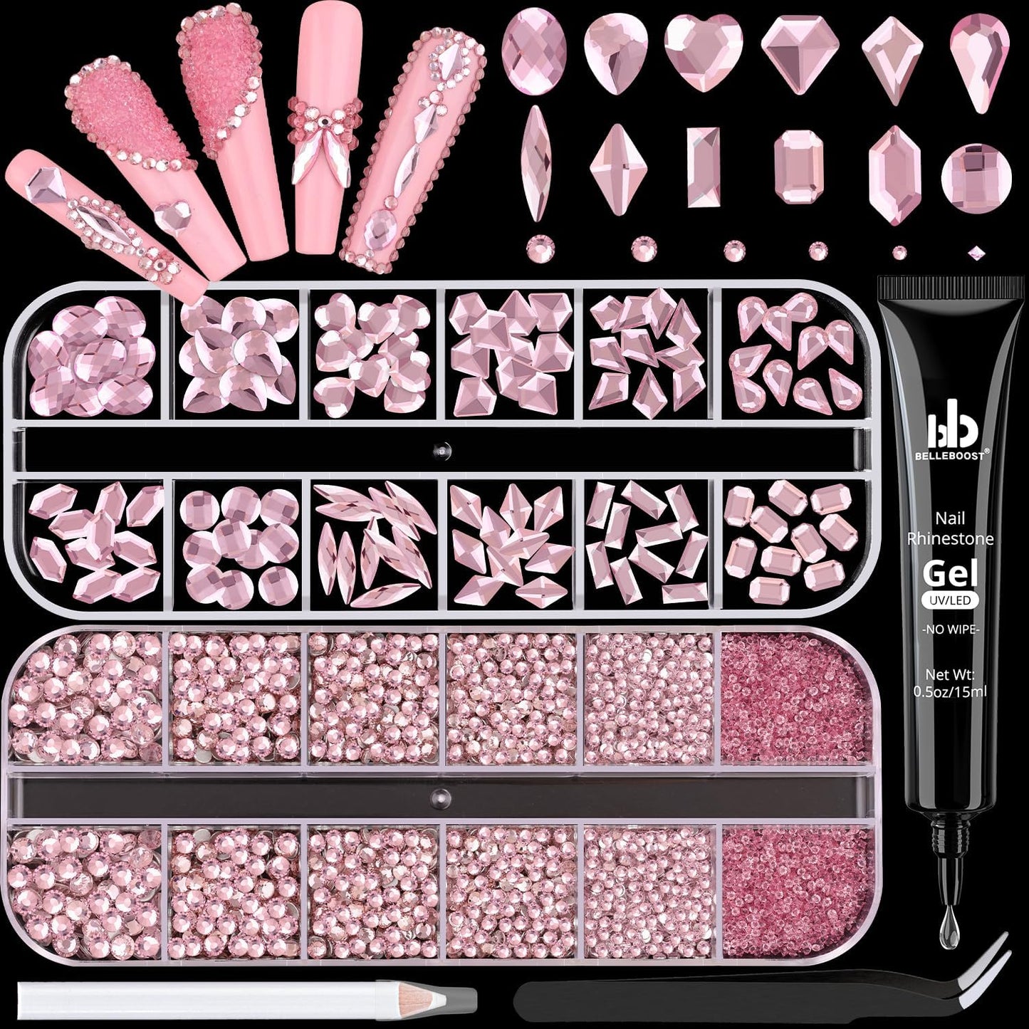 Pink Glass Nail Rhinestones - 2680pcs Multi-Shaped Flatbacks + 2560pcs Round Crystals with Glue Gel, Perfect for Nail Art