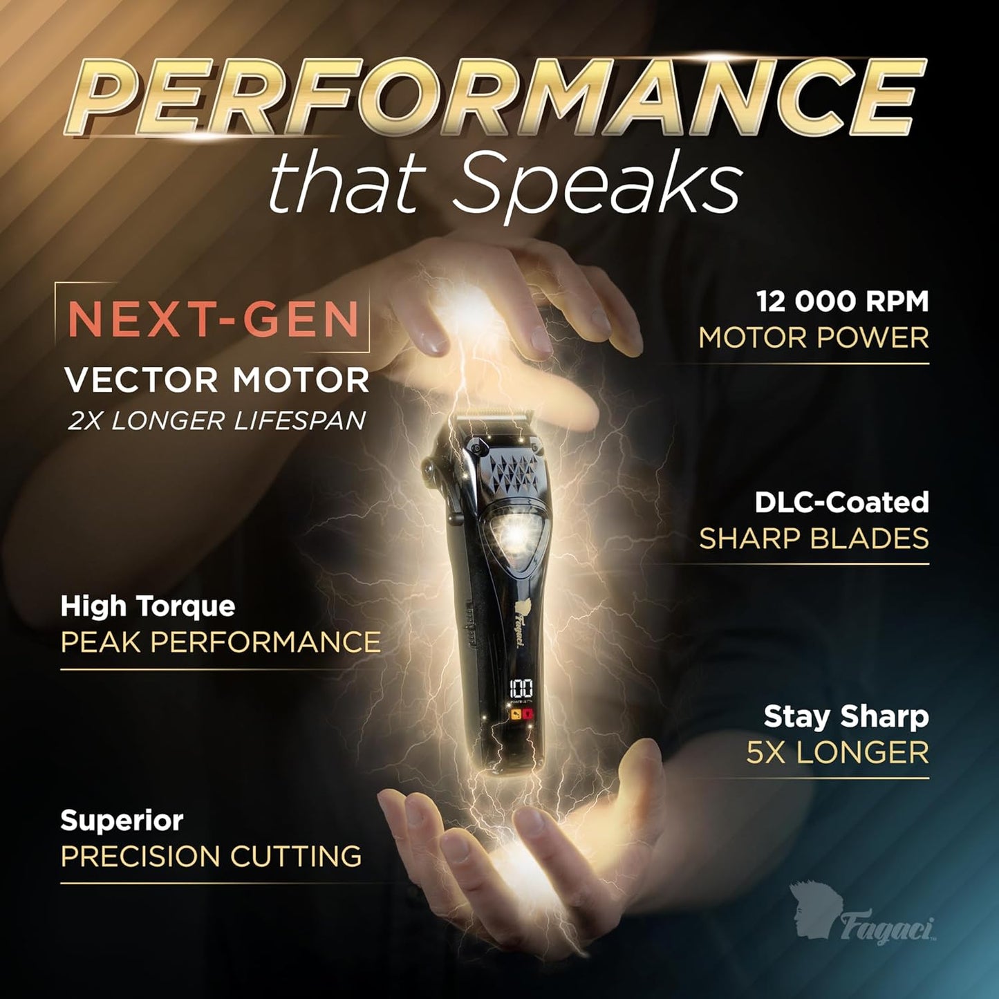 Fagaci Professional Hair Clippers for Men with DLC Blades and High Torque, Vector Motor 12000 RPM Professional Barber Clippers Cordless, Mens Hair Clipper Cordless Set