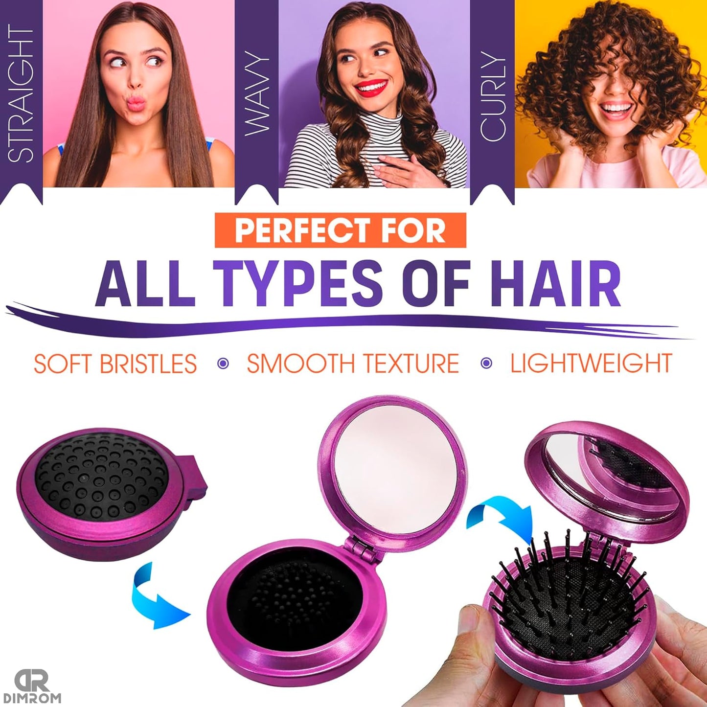 6Pcs Folding Hair Brush Set - Quality 2.5x0.8" Mini Hair Brush with Mirror for Hairstyling and Makeup on the Go - Travel-Friendly Foldable Hairbrush for Women with Soft Bristles, and Striking Colors