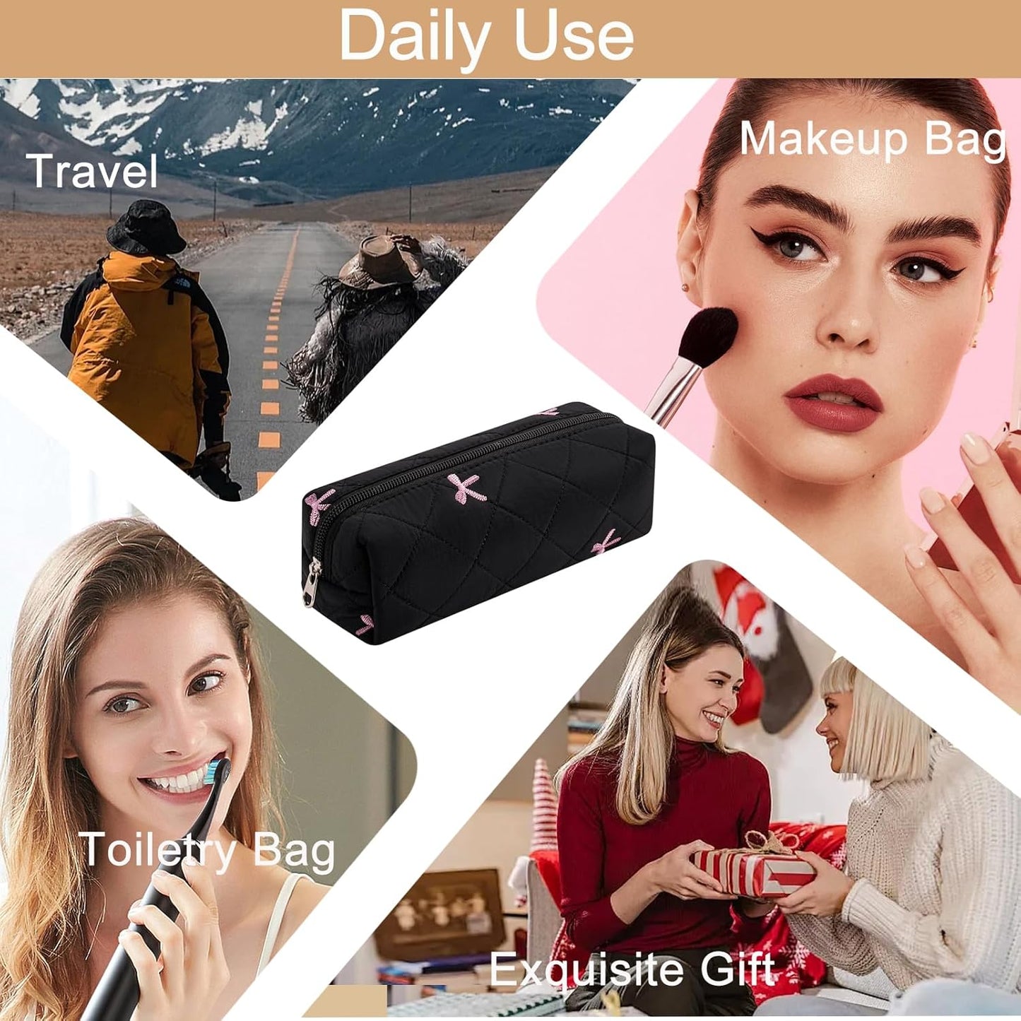 Cute Floral Cotton Makeup Brush Cosmetic Bag for Women, Travel Quilted Zipper Make Up Bag, Flowers Toiletry Organizer Case Kawaii Makeup Cosmetic Travel Cloth Pouch (Black)